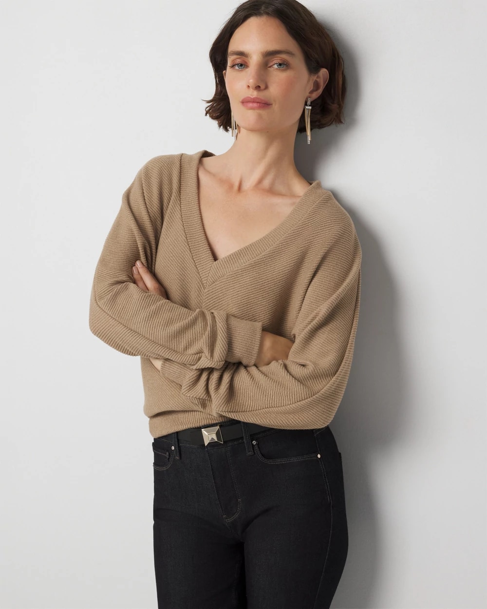 【COSYHARU】Luce ribbed V-neck knit White House Black Market Cozy Knit Pullover | Liberty Center